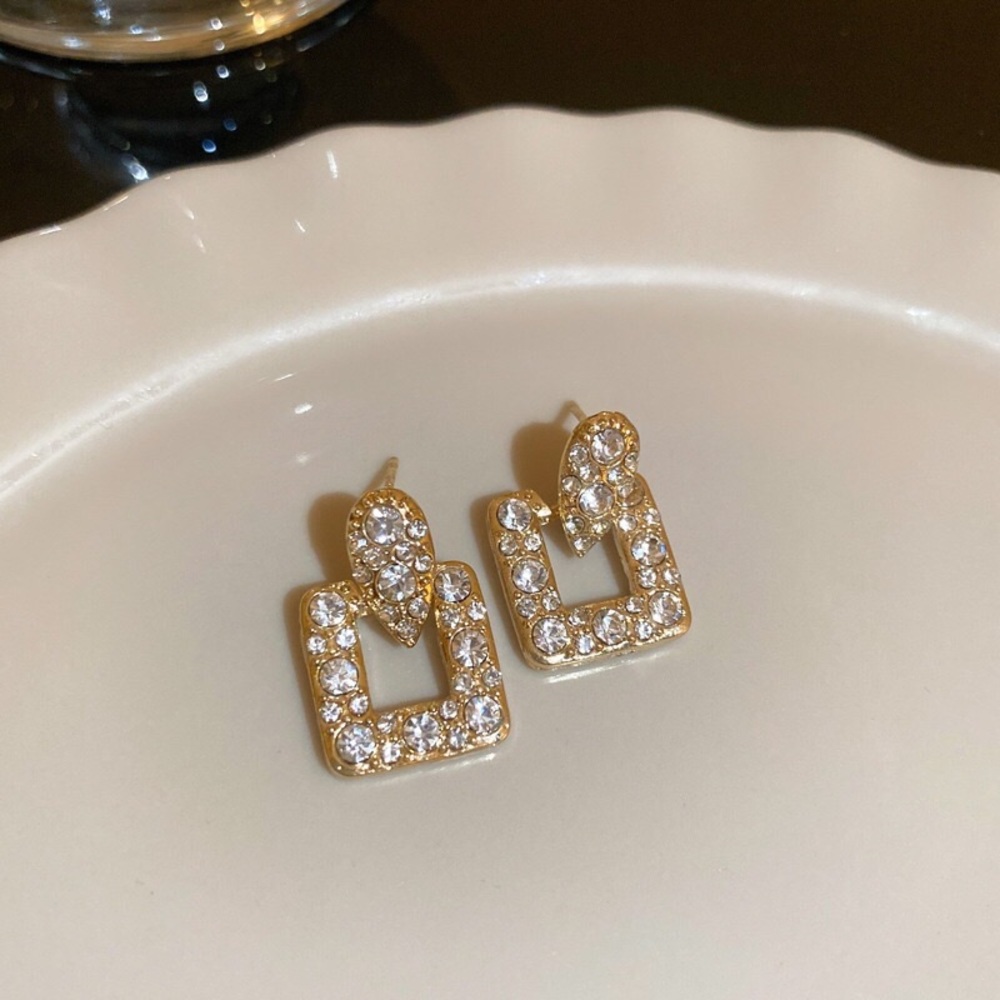 Gold Crystal Square Drop Earrings - Women Jewelry